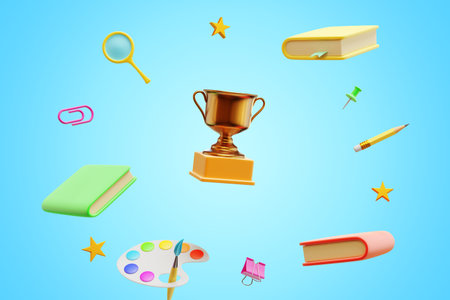back to school. Cup surrounded by elements of education and training, isolated blue background. 3d...