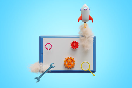 The rocket flies out of the screen of the tablet with gears. SEO performance. 3d rendering