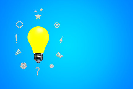 Brainstorming, idea. Glowing light bulb surrounded by gears. 3d rendering