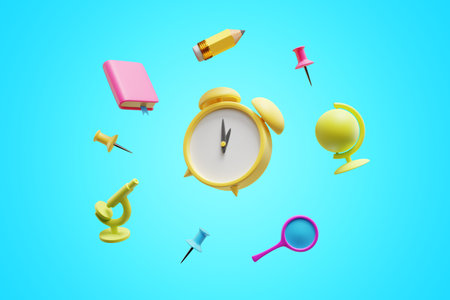 back to school. Cartoon alarm clock surrounded by educational elements. 3d rendering