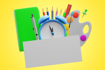 back to school. Alarm clock with learning elements, blank white sheet of paper with place for text. 3d renderingの写真素材