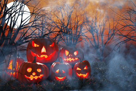 Halloween. Glowing jack-o'-lantern pumpkin in the fog in a dark forest with moon. 3D renderingの写真素材
