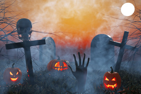 Halloween. Hand made of earth, tombstone crosses skull pumpkin. 3D rendering
