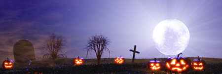 Halloween banner. Full moon glowing pumpkin jack o'lanterns cross gravestone trees. 3D renderingの写真素材