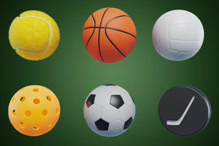 Collection of 3D icons of sports balls, pickleball tennis basketball football hockey volleyball.3D renderingの写真素材