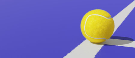 Tennis ball on the white line of the court.Banner 3d renderingの写真素材