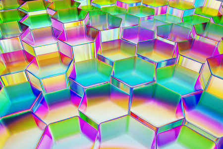 Glass rainbow hexagons, colorful geometric crystals. Abstract background 3d renderingの写真素材