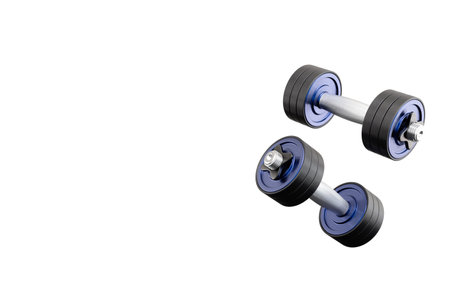 Two flying metal dumbbells. 3d renderingの写真素材
