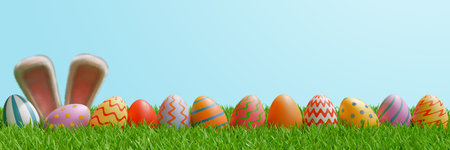 Bunny ears with colored Easter eggs on a meadow in the grass. Banner border 3d rendering