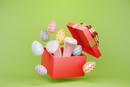 Bunny ears in a flying open gift box with Easter eggs. 3d rendering
