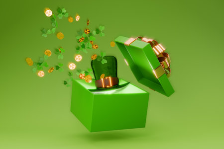 St.Patrick's Day. Open gift box with leprechaun hat, clover and gold coins.3D rendering.の写真素材