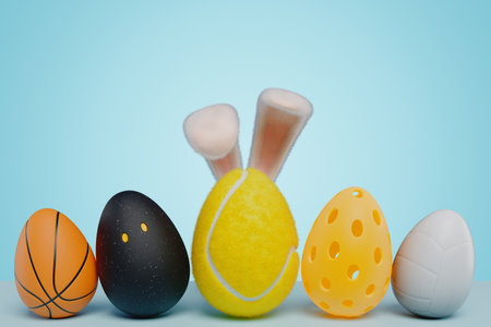 Sports balls in the shape of eggs with Easter bunny ears. 3d renderingの写真素材