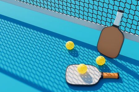 Pickleball rackets and balls next to the net on a sports court. 3d renderingの写真素材