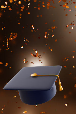 Graduation cap with gold confetti. 3D renderingの写真素材