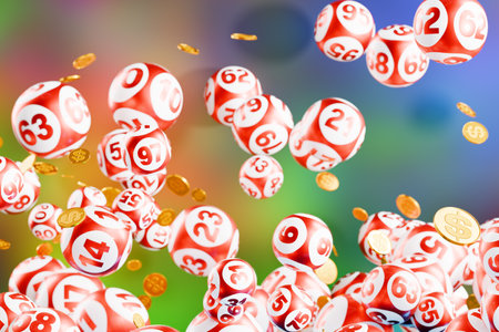 Lots of lottery balls and gold coins.3D renderingの写真素材
