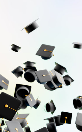 Graduation caps are thrown. A lot of hats are flying up. 3D renderingの写真素材