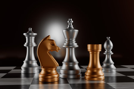 Chess pieces on a board with a dark background.3d renderingの写真素材