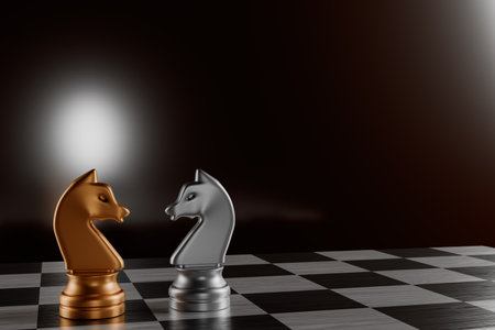 Two chess knights facing each other on a chessboard with a dark background.3d rendering.の写真素材