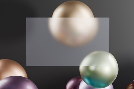 Colorful balloons floating against a dark background with a translucent rectangle overlay. Glassmorphism 3d renderingの写真素材