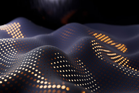 Abstract image of a dark, wavy surface with glowing dots creating a futuristic pattern. 3d rendering