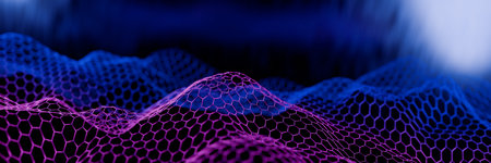 Abstract digital landscape with blue and purple hexagonal grid patterns. 3d renderingの写真素材
