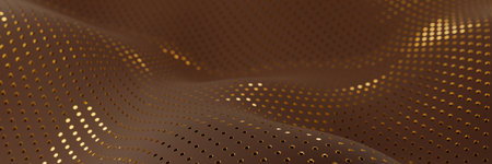 A wavy surface with a pattern of golden dots on a brown background. 3d rendering