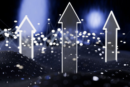 Abstract arrows pointing upward with a digital, futuristic background. 3d renderingの写真素材