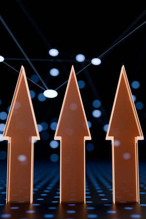 Three upward arrows with a digital network background. 3d rendering