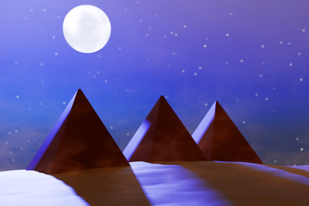 Night view of three pyramids under a full moon with a starry sky. 3d renderingの写真素材