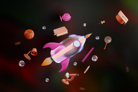 Back to school.A colorful rocket surrounded by various floating objects in space. 3d renderingの写真素材