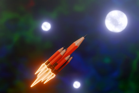 Back to school. Pencils arranged like a rocket flying through space with moons in the background. 3d...