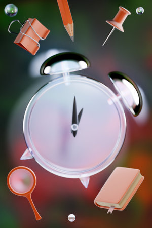 An alarm clock surrounded by a pencil, book, magnifying glass, and pushpin on a colorful background....