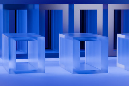 Transparent glass geometric shapes on a reflective surface with a blue background. 3d rendering