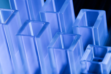Close-up of blue transparent square blocks arranged in varying heights. 3d rendering