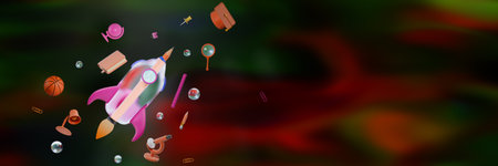Back to school.Rocket and educational supplies on a dark background. 3d rendering