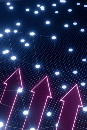 Benchmarking. Neon arrows pointing upwards on a digital grid with glowing dots. 3d renderingの写真素材