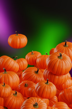 A pile of pumpkins a colorful background.Halloween autumn 3d renderingの写真素材