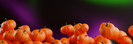 A pile of pumpkins against a dark background with purple and green lights. Halloween 3d renderingの写真素材