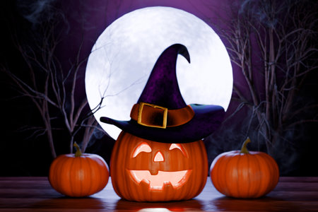 Halloween pumpkins with a witch hat in front of a full moon and spooky trees. 3d rendering