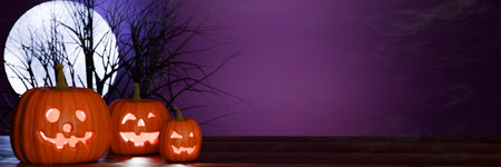 Three jack-o-lantern pumpkins with glowing faces under a full moon on a purple night sky. 3d renderingの写真素材
