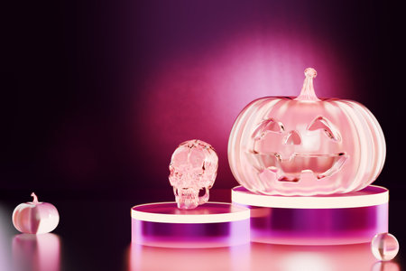 Glass Halloween decorations with a pumpkin and a skull on illuminated stands. 3d renderingの写真素材