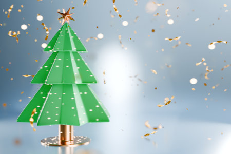 A festive green Christmas tree surrounded by shimmering confetti.3d renderingの写真素材