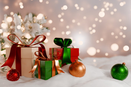 Christmas gifts and ornaments are beautifully arranged with a soft, festive background of lights. 3d renderingの写真素材