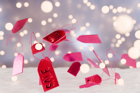 Colorful sale tags float against a festive background, perfect for holiday shopping excitement. 3d renderingの写真素材
