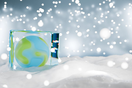 A globe encased in ice sits on snowy ground, evoking a winter theme and environmental awareness. 3d renderingの写真素材