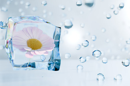 A delicate flower encased in ice, surrounded by water droplets, evoking a serene winter atmosphere. 3d renderingの写真素材