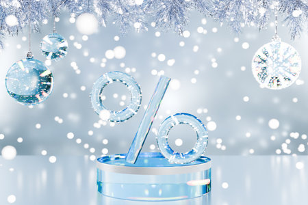 Holidaythemed display featuring a crystal percentage symbol surrounded by snowflakes and ornaments. 3d renderingの写真素材