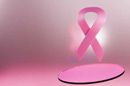 A pink ribbon symbolizes breast cancer awareness, promoting support and solidarity for those affected. 3d renderingの写真素材