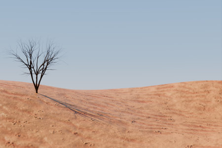 A solitary tree stands in a barren landscape under a clear sky, evoking a sense of desolation. 3d renderingの写真素材