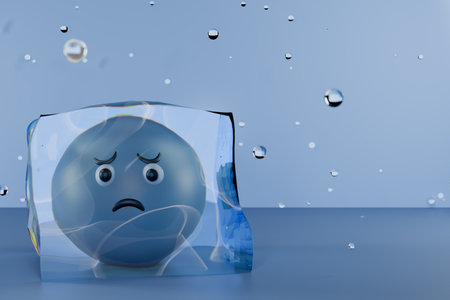 A sad blue emoji trapped in ice, conveying a feeling of being stuck or cold. 3d renderingの写真素材